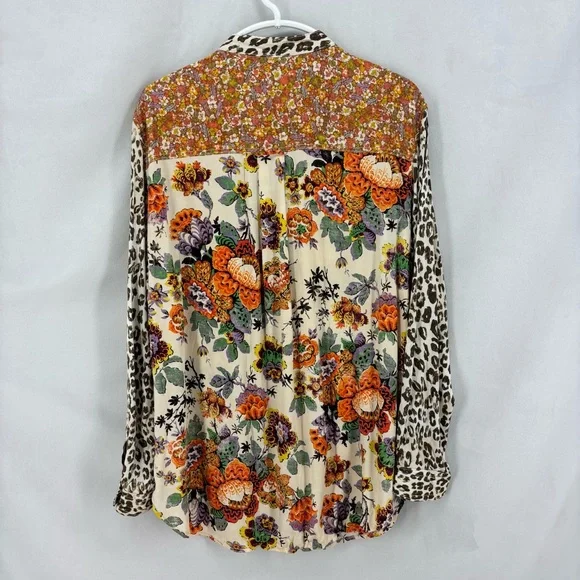 Pilcro by Anthropologie Leopard Floral Patchwork Button Down Shirt Medium Boho - Picture 4 of 8